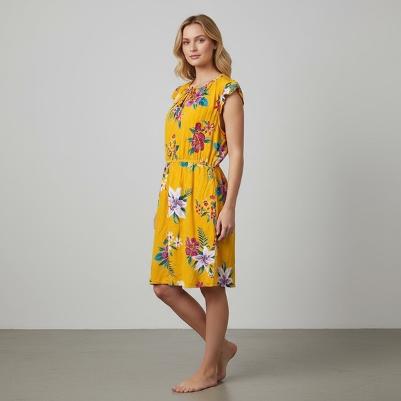 Old Navy Yellow Floral Midi Dress Sz XL Short Flutter Sleeve Casual Boho Flowy - Picture 1 of 11